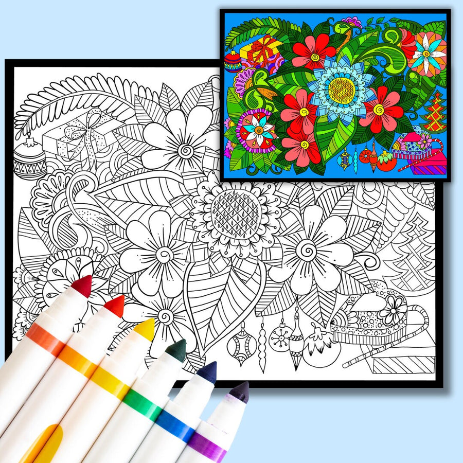 Blumen-Kritzelkunst – handgemachte Illustration, 2 einzigartige Designs, Schwarzweiß, farbig, entspannendes und achtsames Ausmalen | Frühling, Sommer – A4-Ausmalseiten