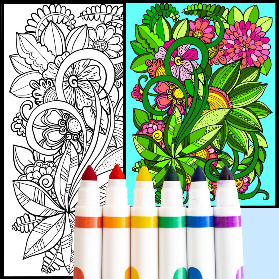 Blumen-Kritzelkunst – handgemachte Illustration, 2 einzigartige Designs, Schwarzweiß, farbig, entspannendes und achtsames Ausmalen | Frühling, Sommer – A4-Ausmalseiten