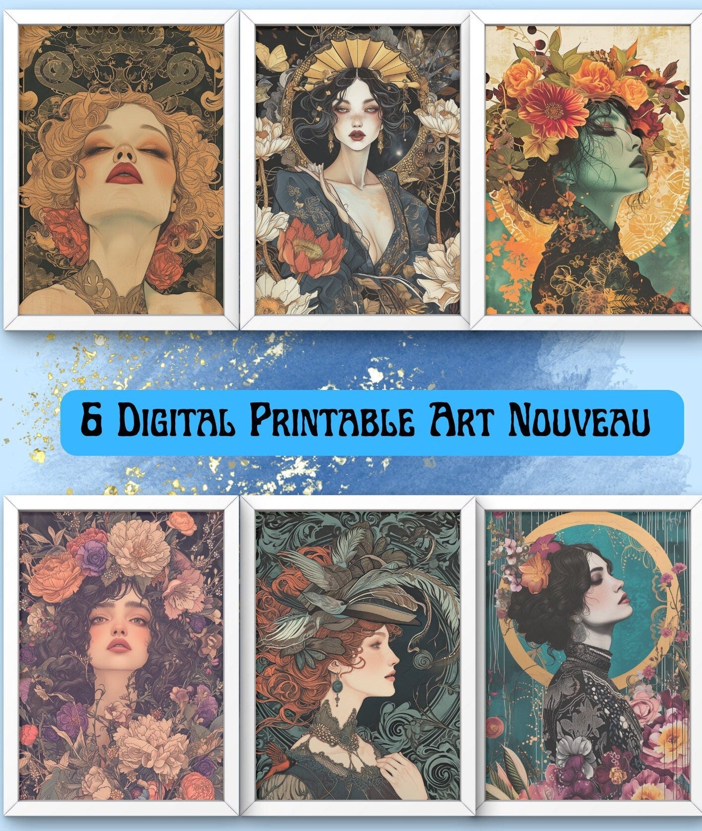 Blululi Digital Wall Art Nouveau Women - 6 hochwertige PNGs in 4 Größen