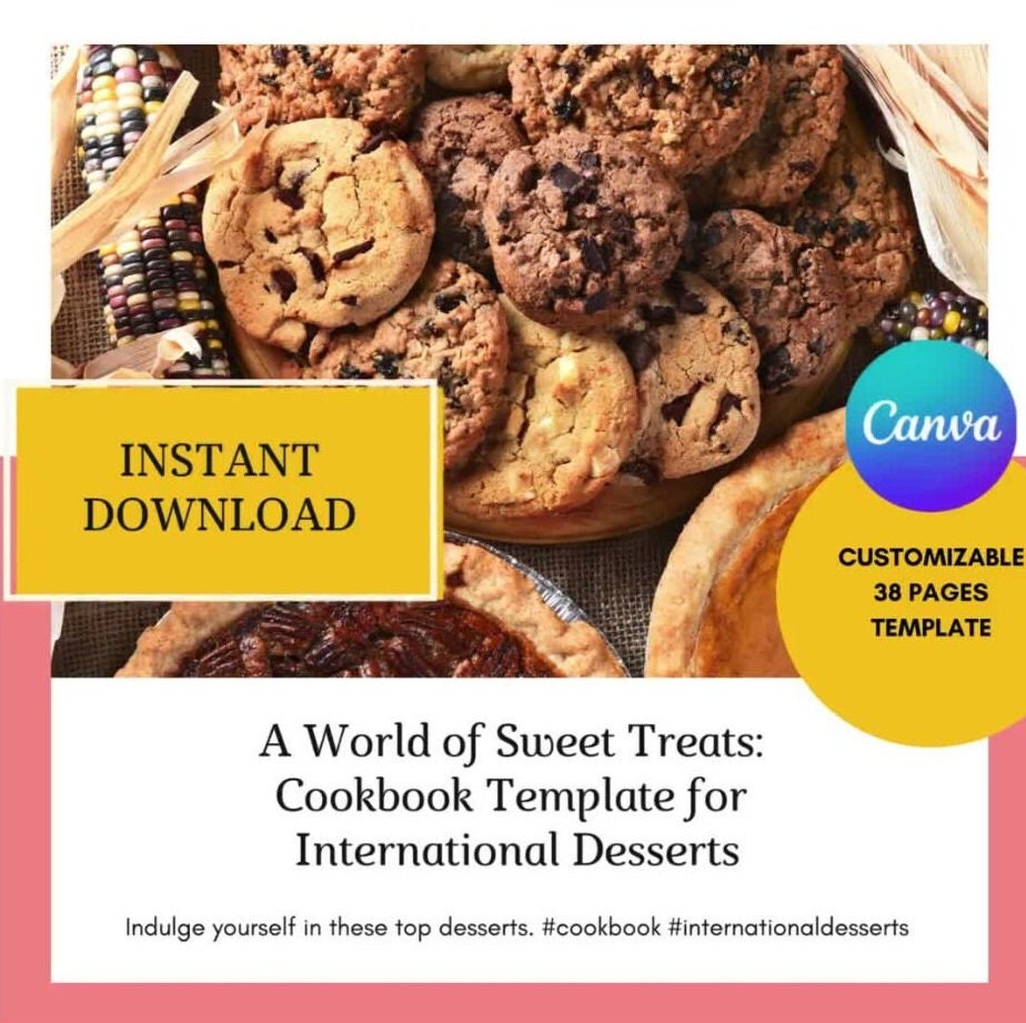 Vorlage für Dessertrezepte – die süße Welt internationaler Desserts, Canva-Vorlage mit Donuts, Tiramisù, Macarons und mehr!