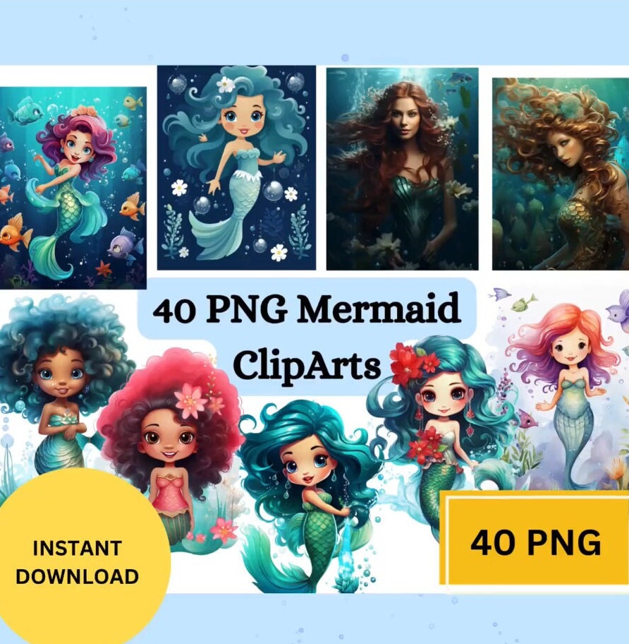 40 PNG Meerjungfrau Clipart Bundle: Aquarell Meerjungfrau, Hyperrealistische Meerjungfrau, Kleine Meerjungfrau png, Afro Meerjungfrau, Sirene Clipart, Scrapbooking