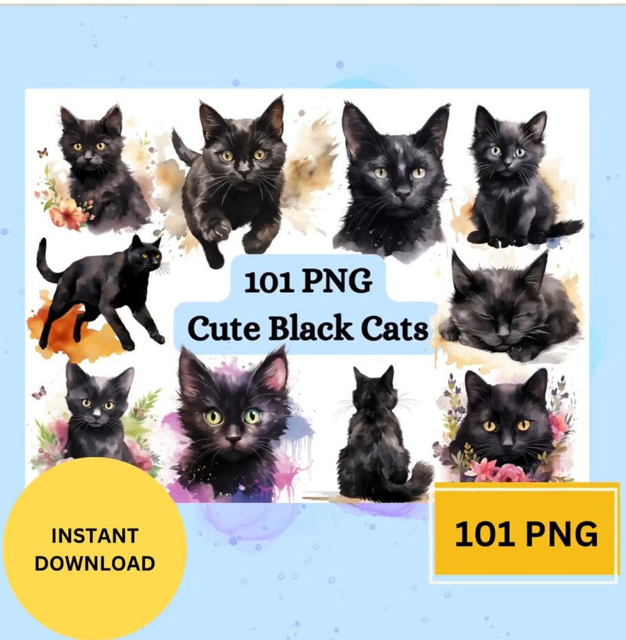 101 Aquarell Schwarze Katzen PNG ClipArts - Aquarell ClipArt, Süße schwarze Katzen, Transparenter Hintergrund PNG ClipArt, Schwarze Katzen Clipart Bundle