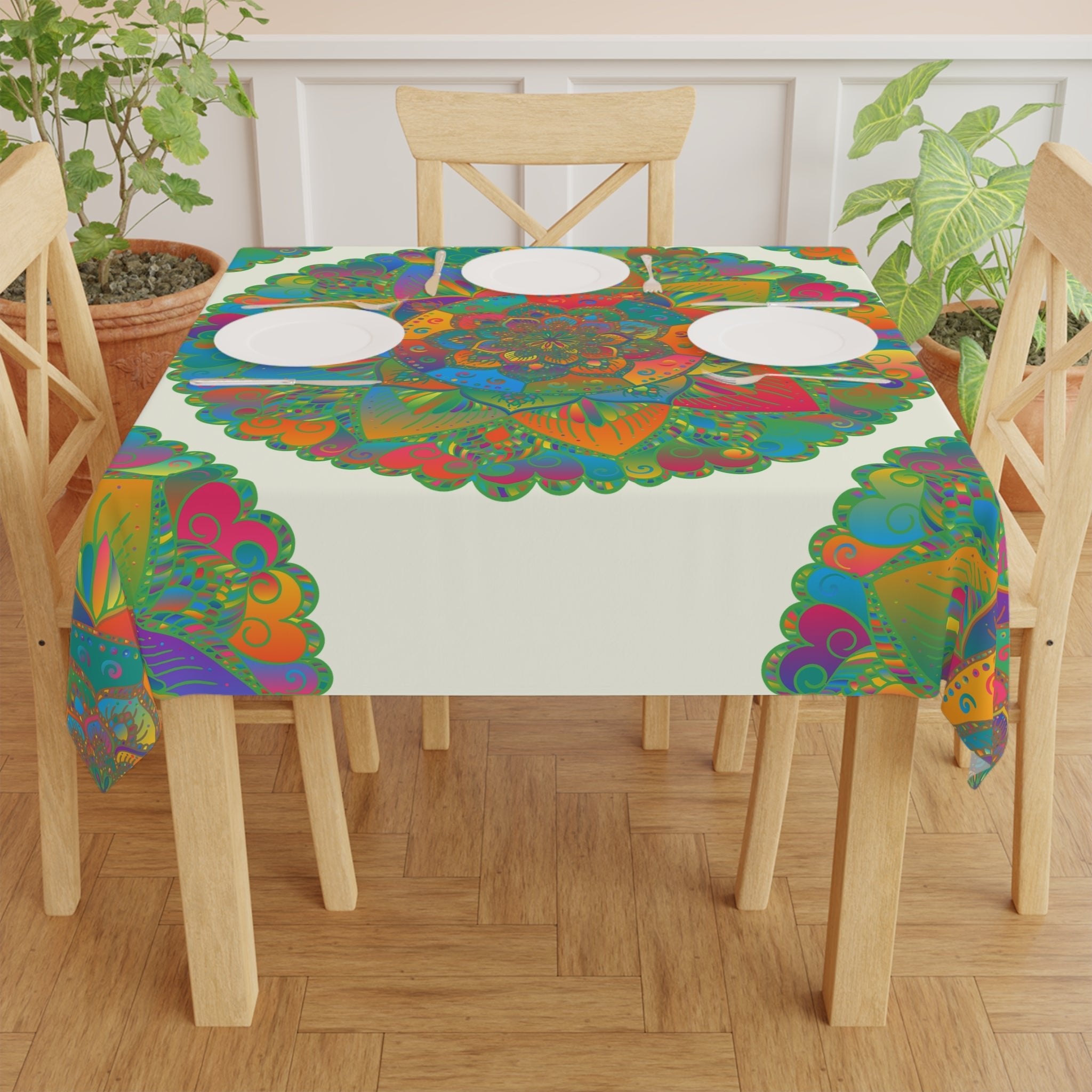 Ivory Mandala Tablecloth - Colorful Floral Design Home Decor - Blululi