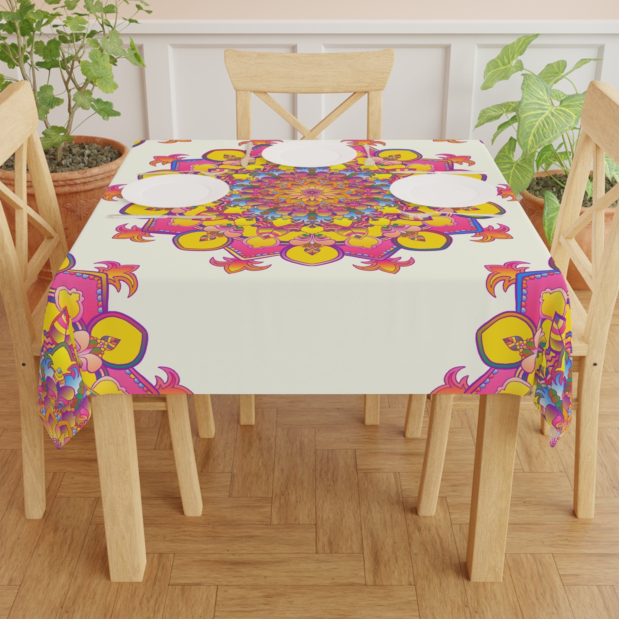Ivory Mandala Tablecloth - Colorful Floral Design Home Decor - Blululi