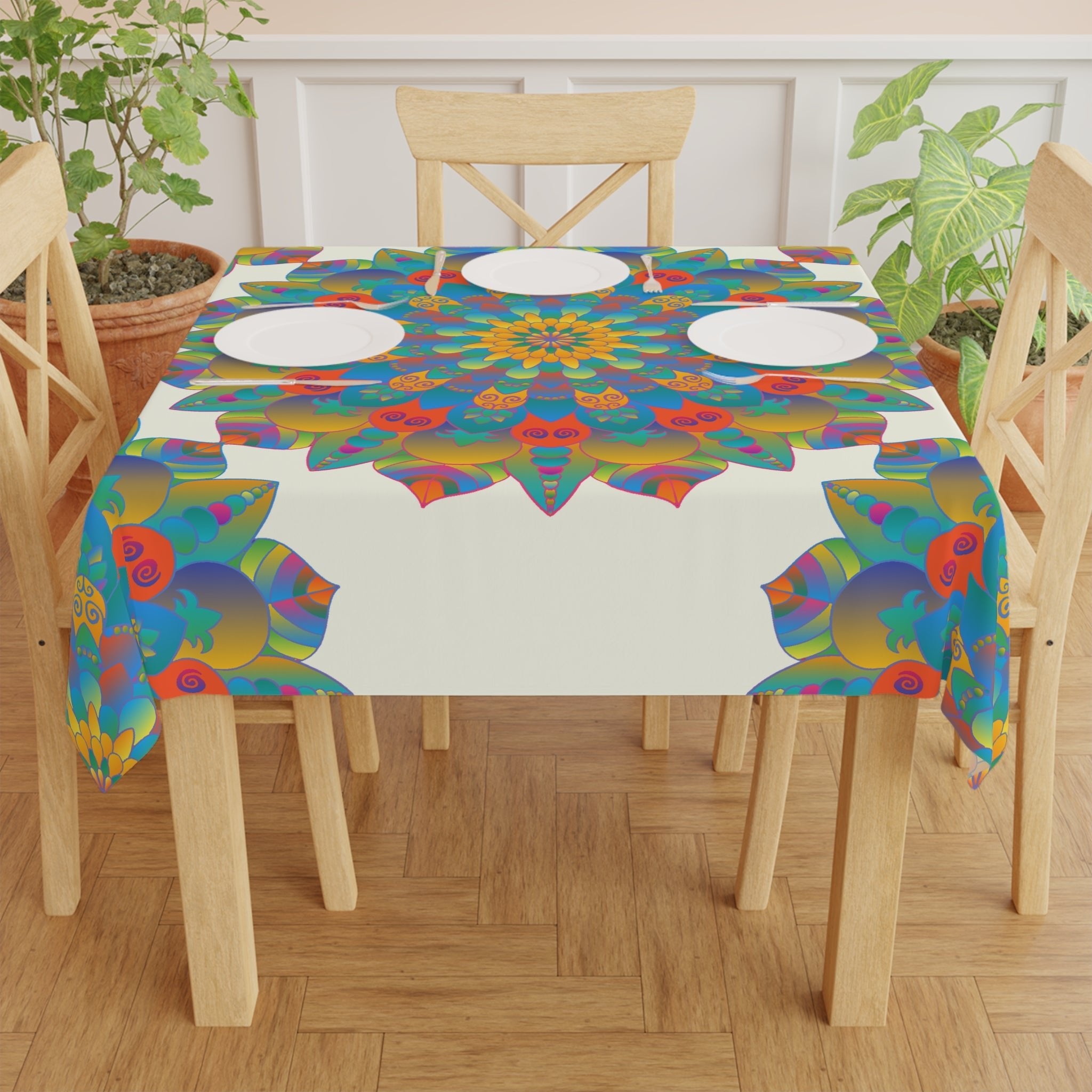 Ivory Mandala Tablecloth - Colorful Floral Design Home Decor - Blululi
