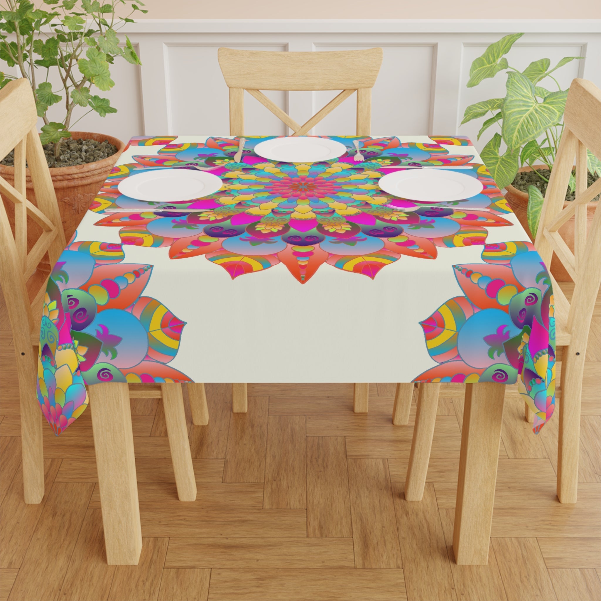 Ivory Mandala Tablecloth - Colorful Floral Design Home Decor - Blululi