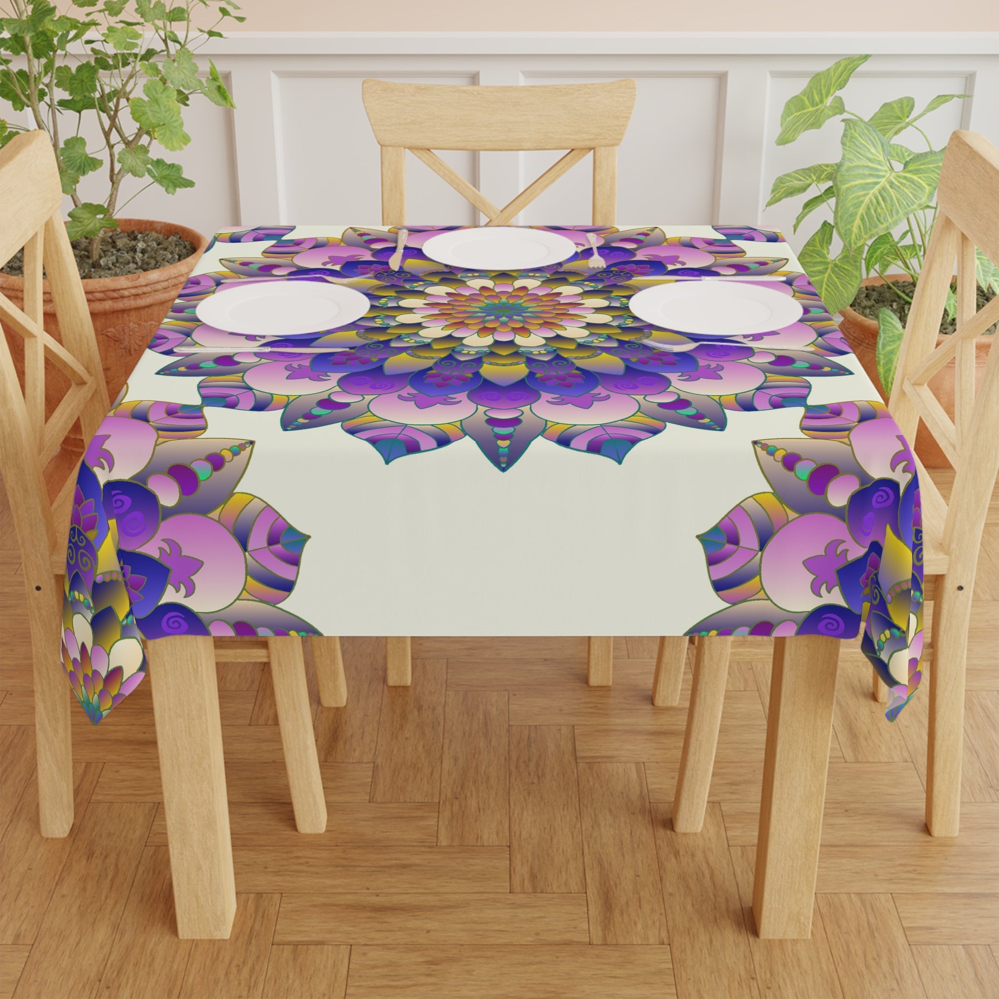 Ivory Mandala Tablecloth - Colorful Floral Design Home Decor - Blululi
