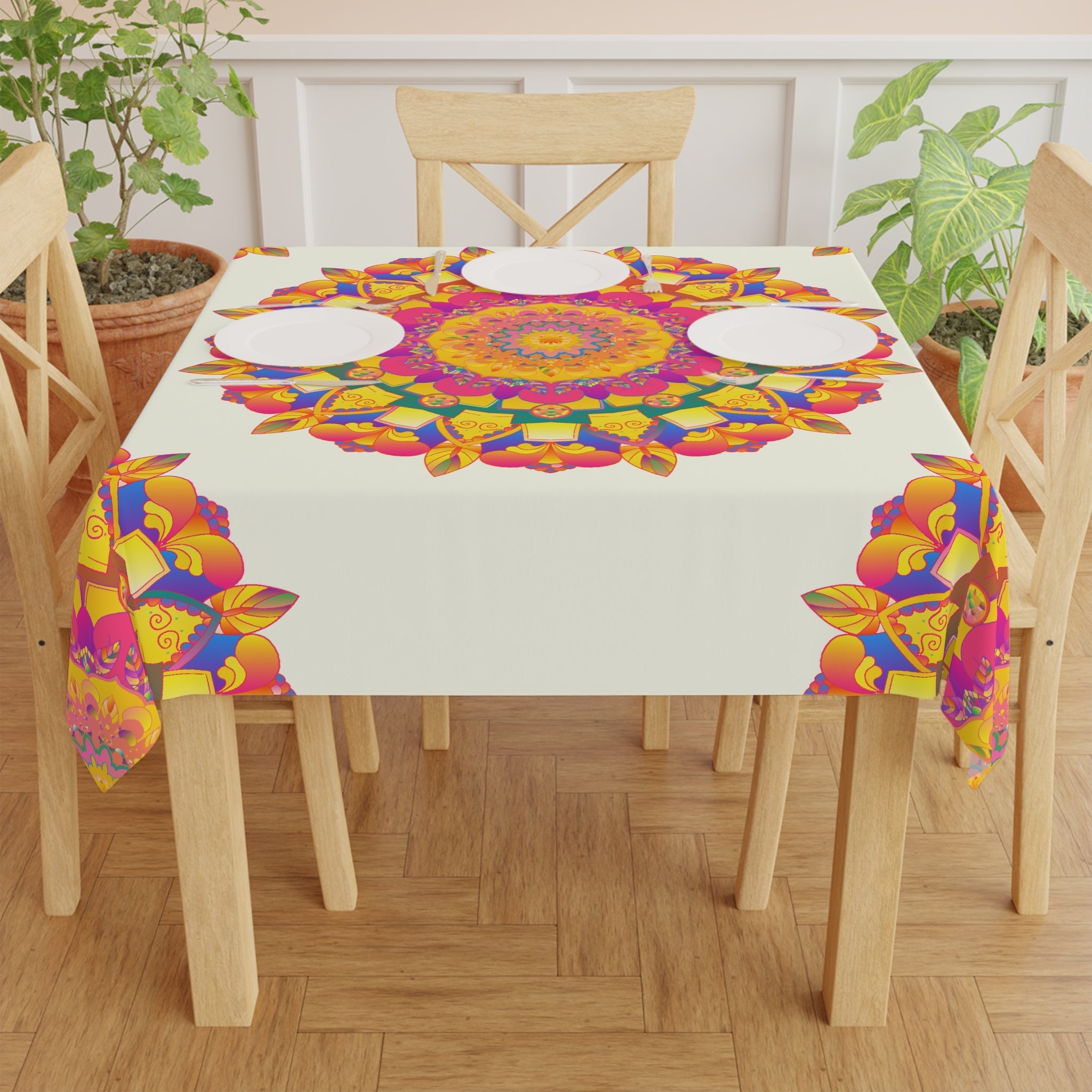 Ivory Mandala Tablecloth - Colorful Floral Design Home Decor - Blululi