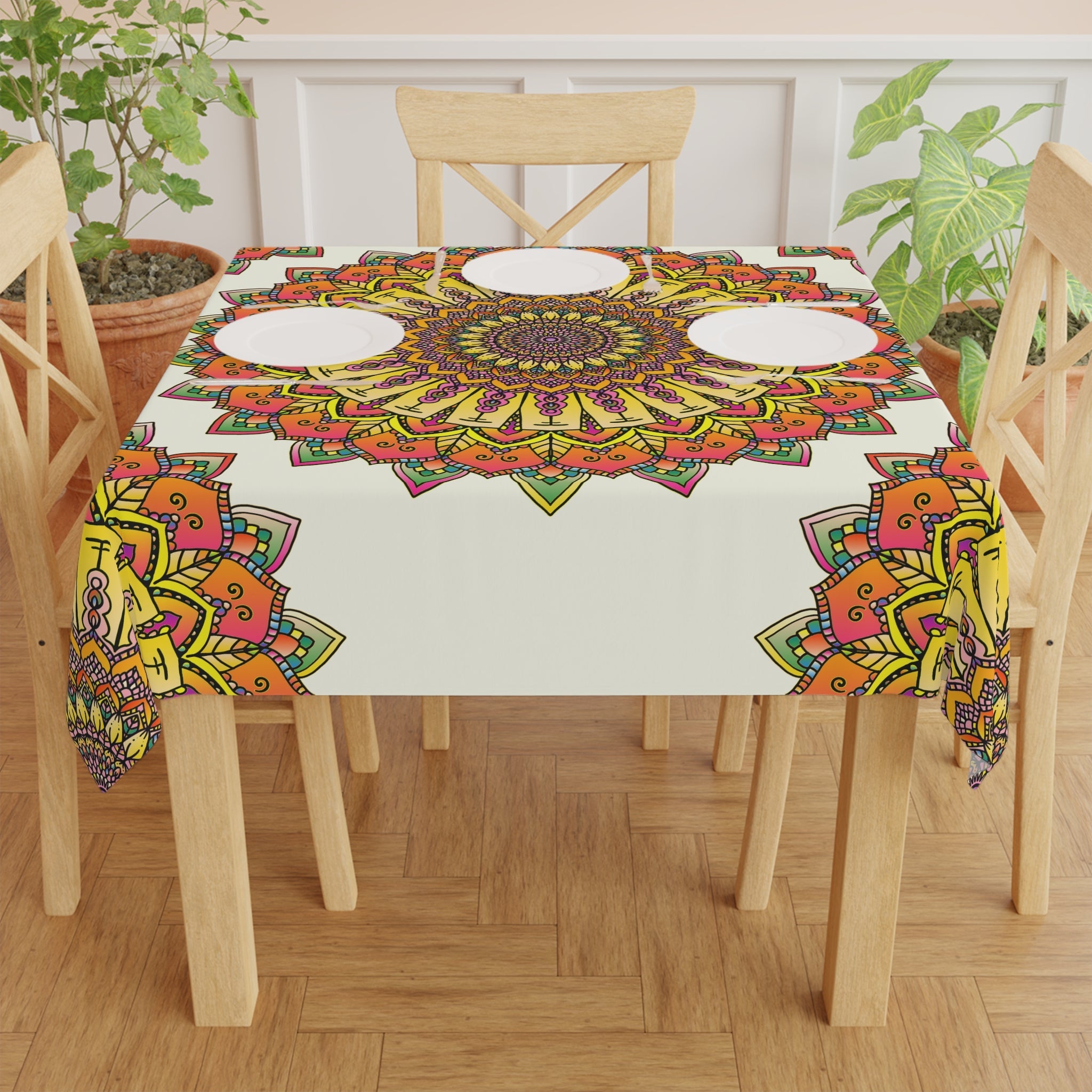 Ivory Mandala Tablecloth - Floral Pattern, Vibrant Colors Home Decor - Blululi