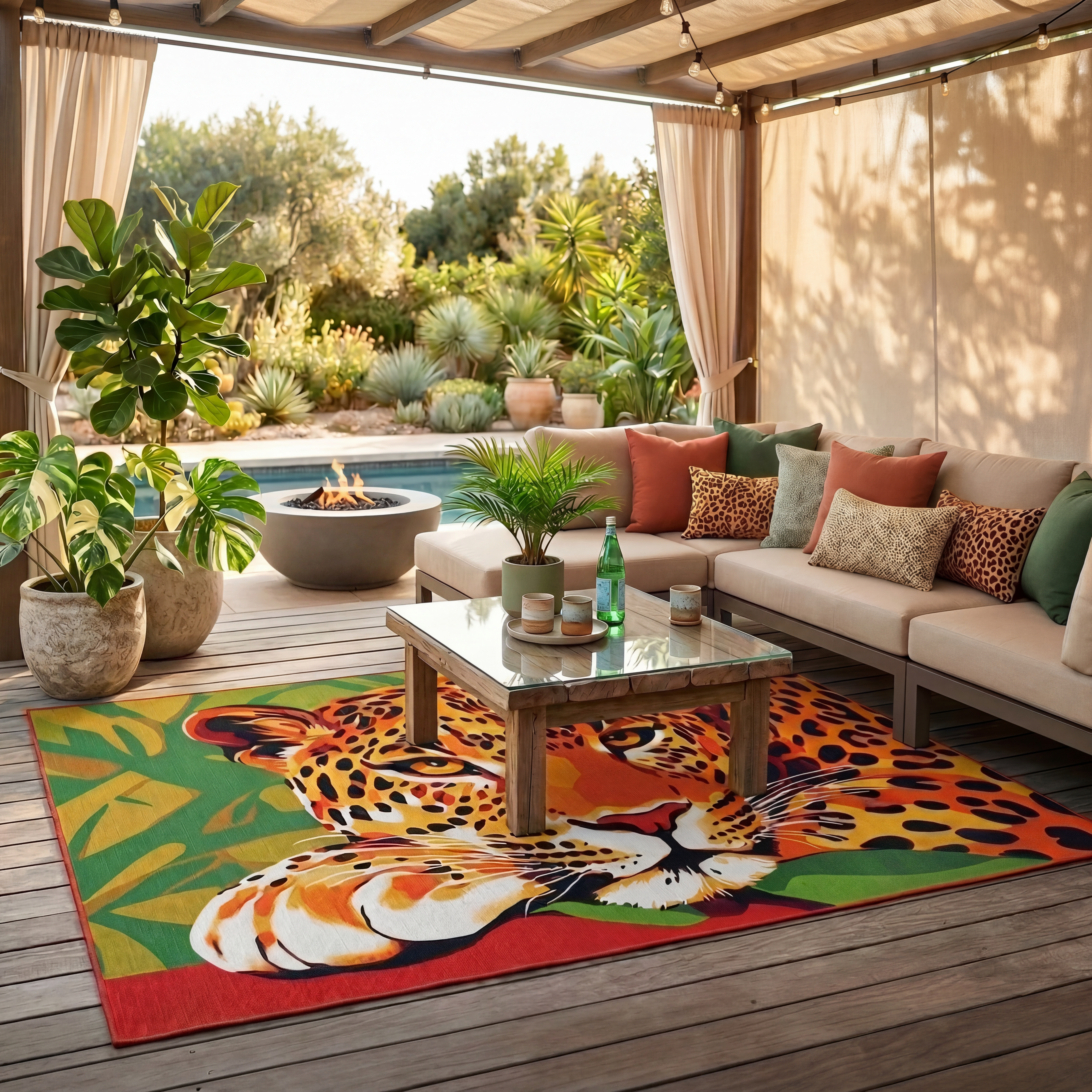 Tappeto da Esterno con Stampa Leopardata – Zerbino Colorato con Gatto Tropicale per Patio e Portico