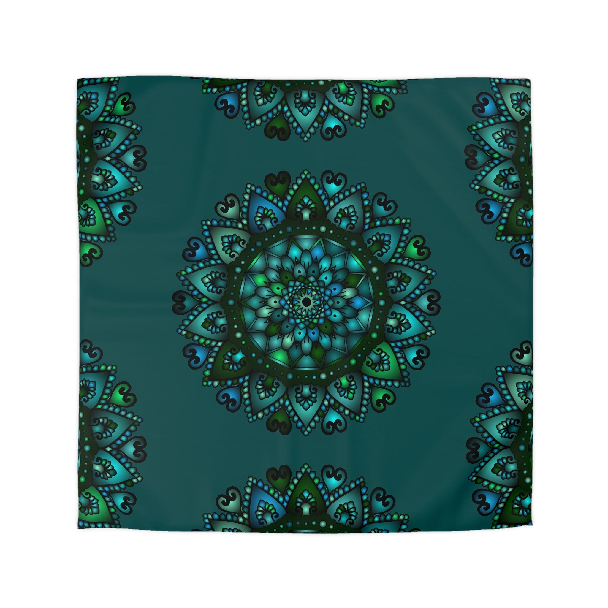 Microfiber Duvet Cover Mandala Art Drawn by Hand - Green Mandala on Dark Petroleum Green background - Blululi
