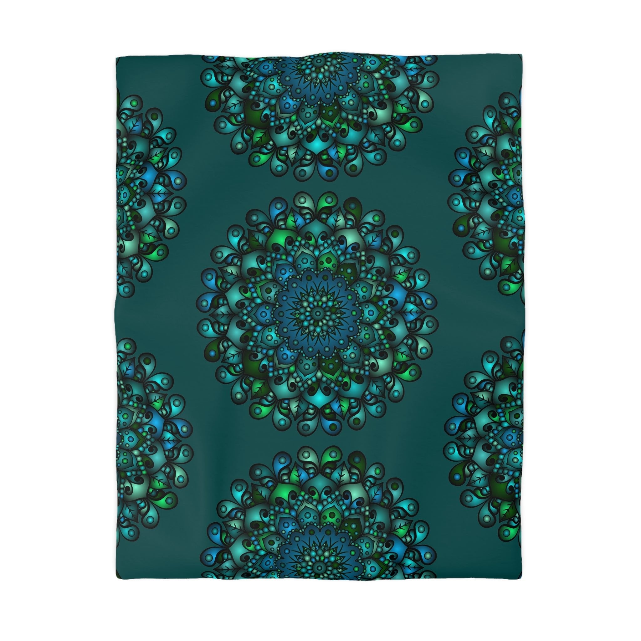 Microfiber Duvet Cover Mandala Art Drawn by Hand - Green Mandala on Dark Petroleum Green background - Blululi