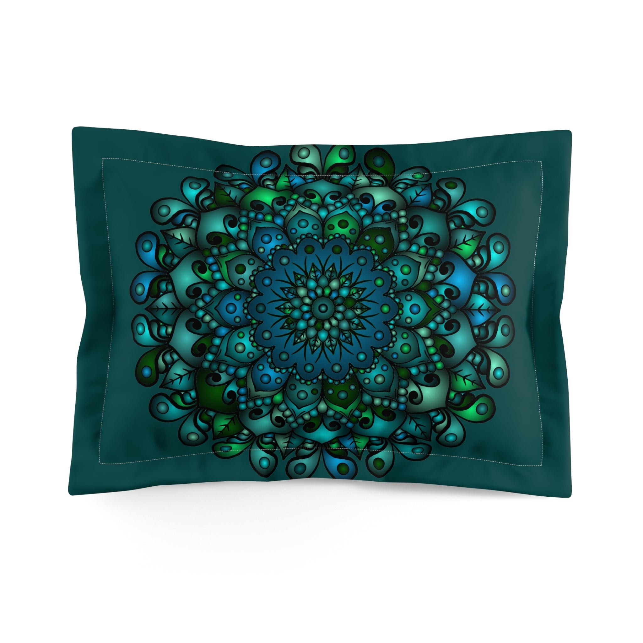 Microfiber Pillow Sham - Green Mandala Art Hand - Drawn on Dark Petroleum Green background - Blululi