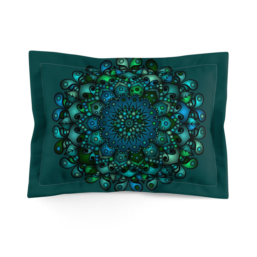 Microfiber Pillow Sham - Green Mandala Art Hand - Drawn on Dark Petroleum Green background - Blululi