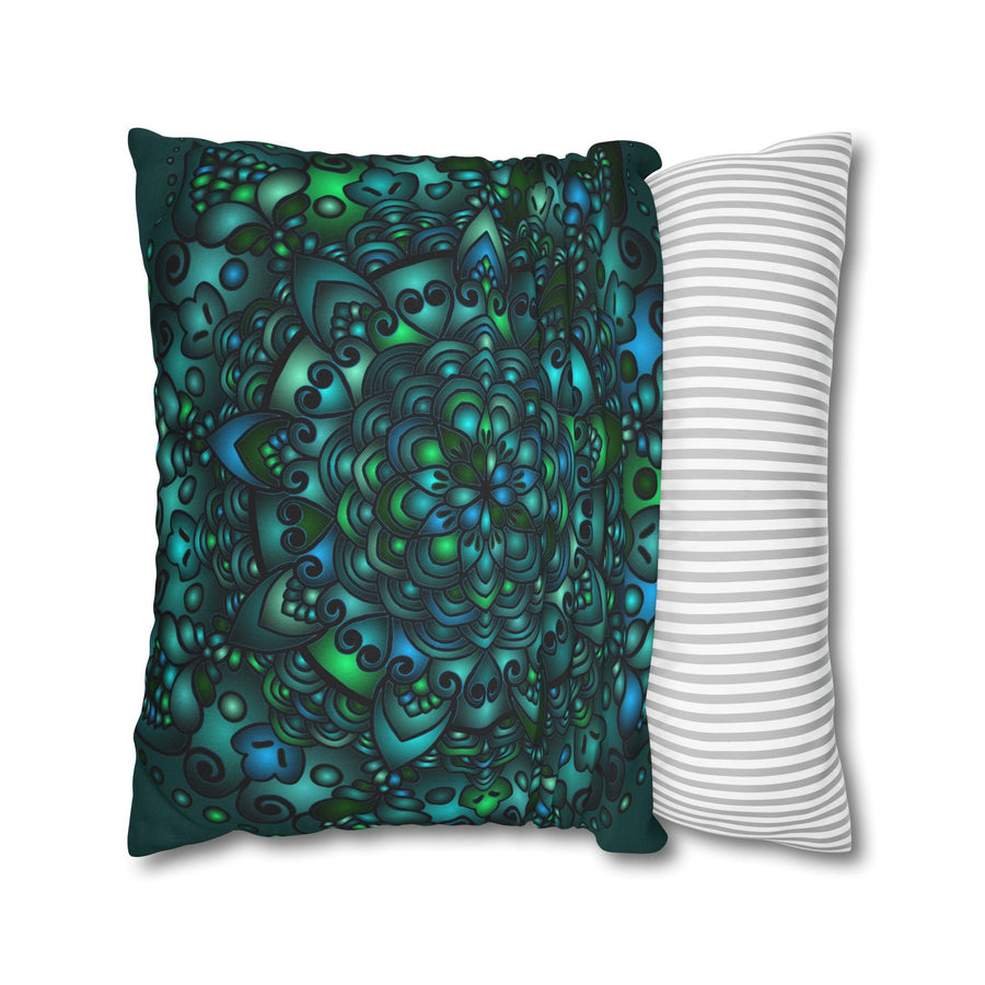 Spun Polyester Square Pillowcase Mandala Art - Original Fine Art - Hand - drawn - Petroleum Green - Blululi