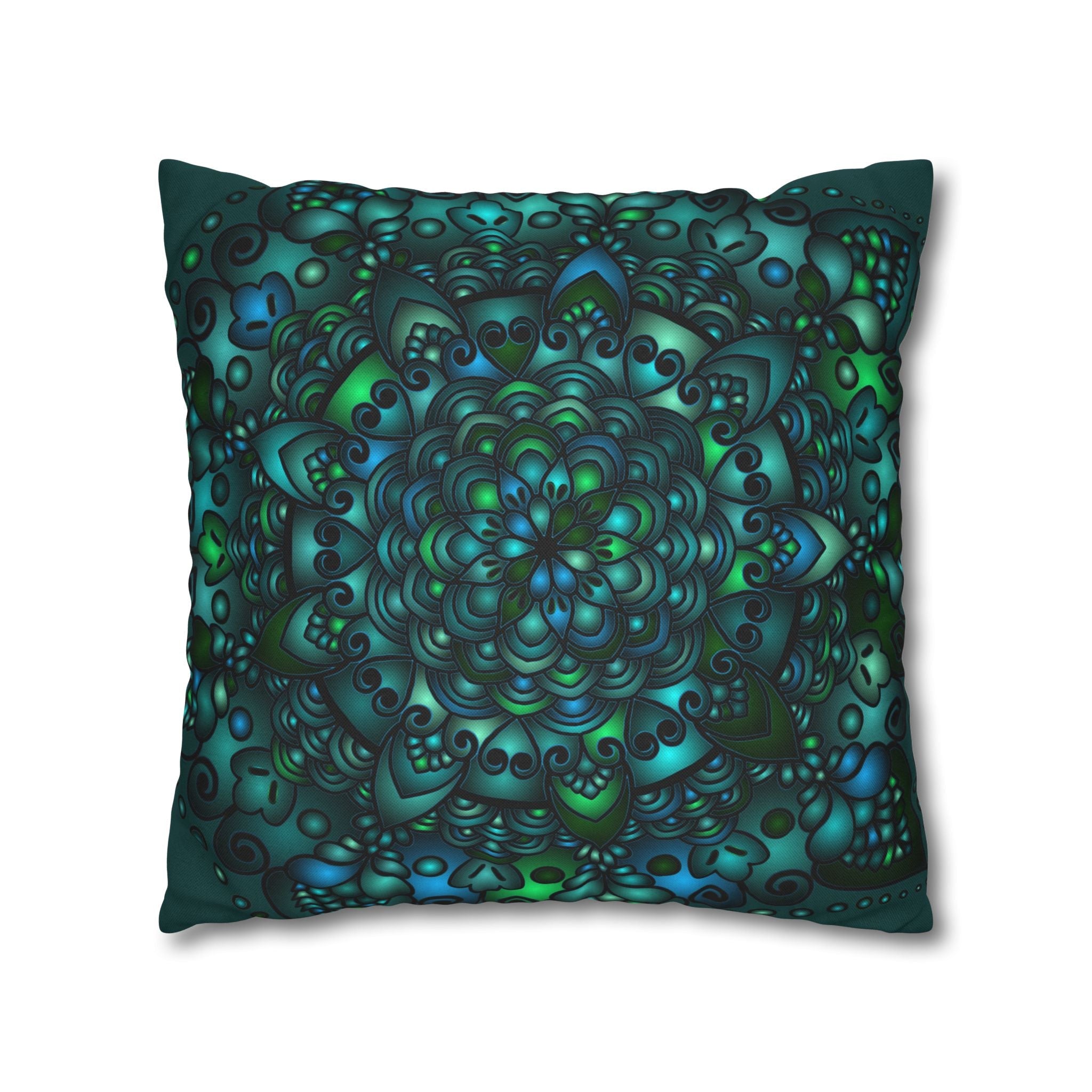 Spun Polyester Square Pillowcase Mandala Art - Original Fine Art - Hand - drawn - Petroleum Green - Blululi