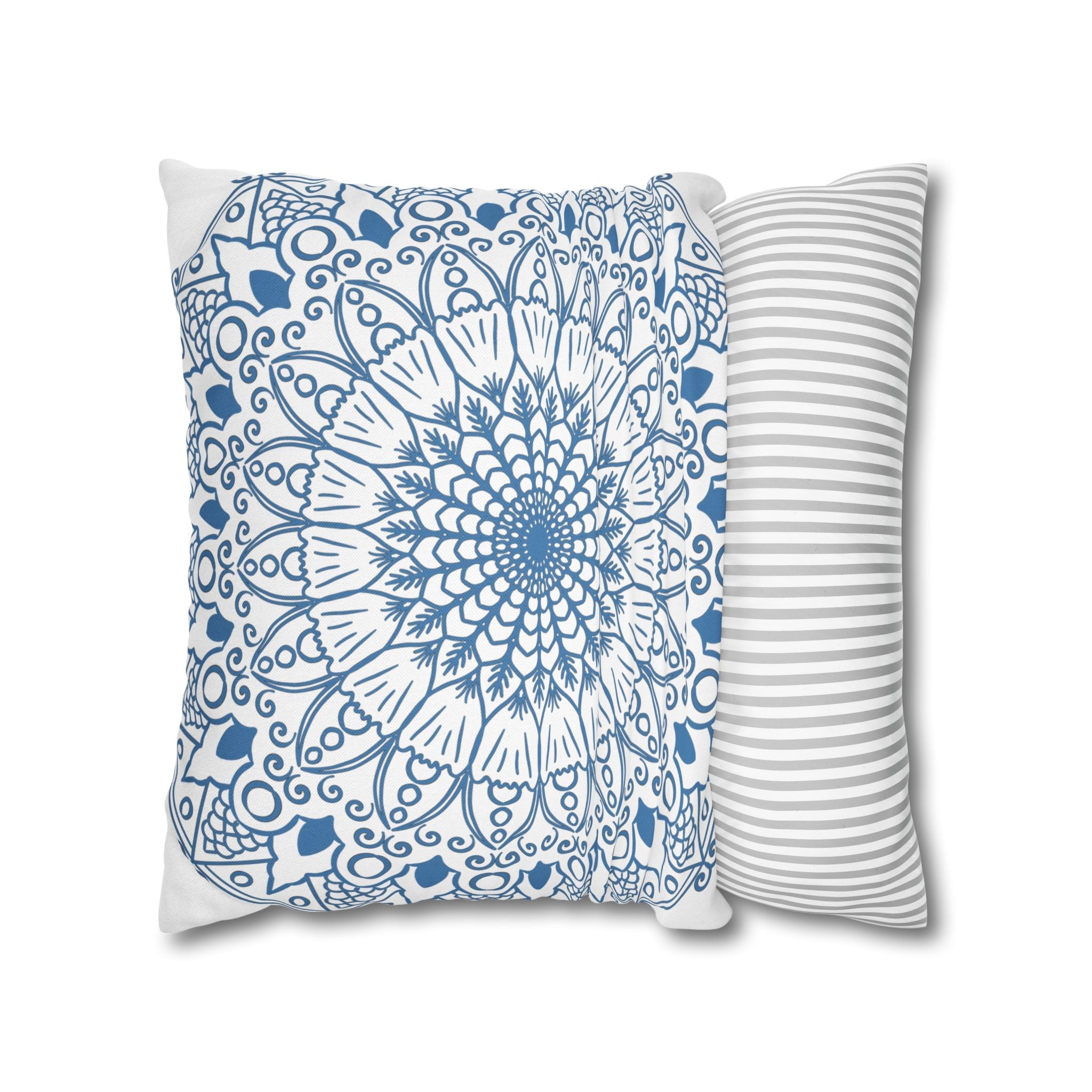 Spun Polyester Square Pillowcase Mandala Art - Original Fine Art - Hand - drawn - Steel Blue on White - Blululi