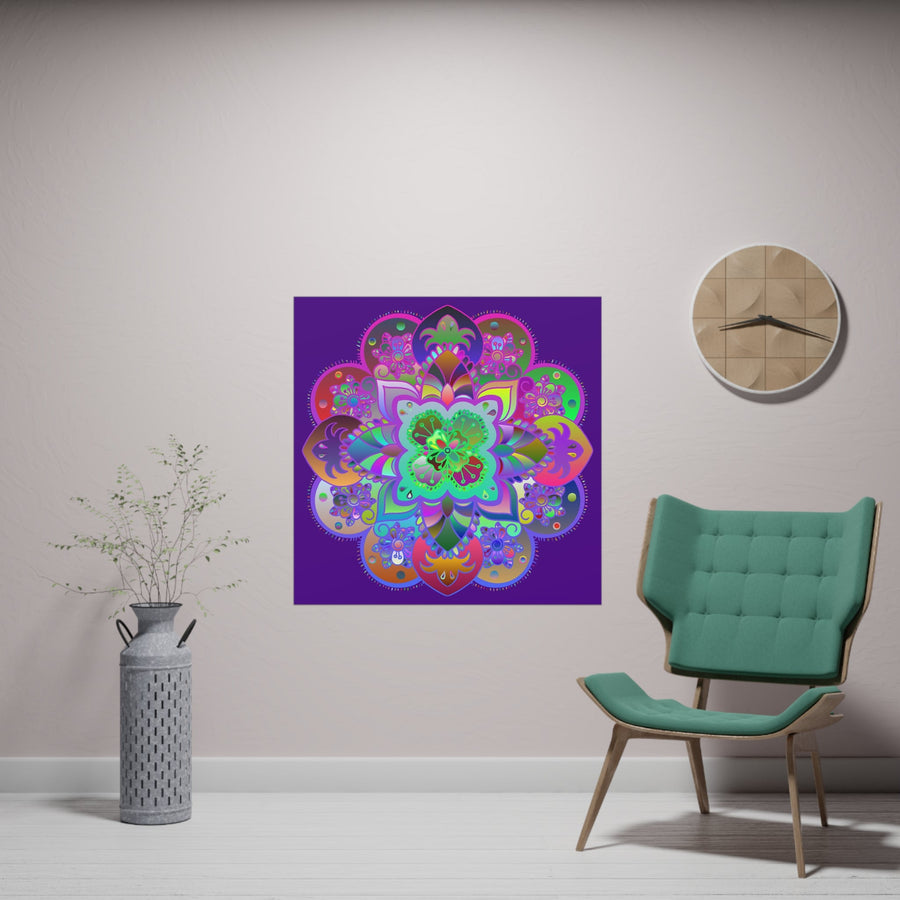 Square Matte Paper Poster Featuring Hand - Drawn Bright Mandala Art - Dark Purple - Blululi