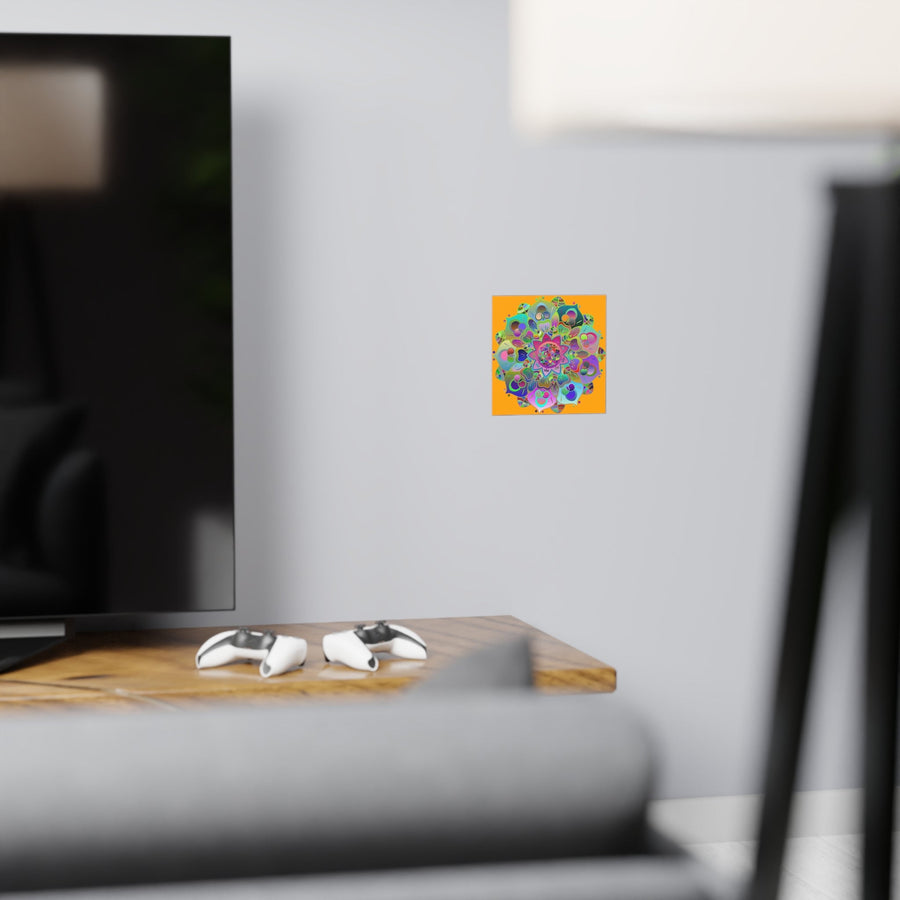 Square Matte Paper Poster Featuring Hand - Drawn Bright Mandala Art - Orange - Blululi