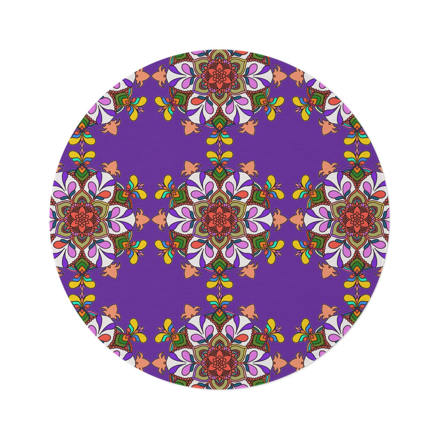 Vibrant Mandala Round Rug with Grape Background - 60" Chenille Decor - Blululi