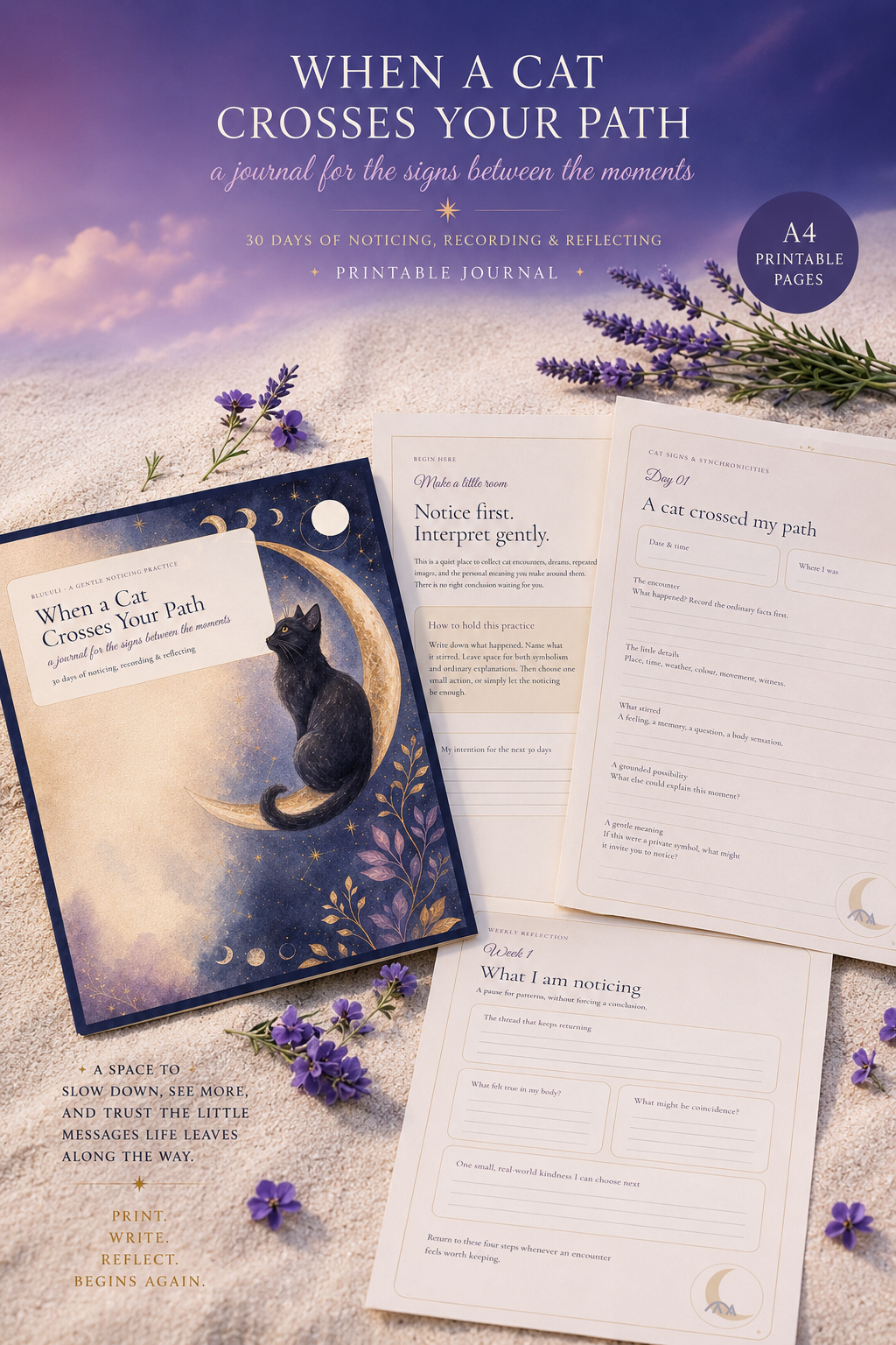 A styled flat-lay of a printable journal set titled 'When a Cat Crosses Your Path' with a purple sky cover, lavender sprigs, and several pages fanned out on a light textured surface. The cover shows a black cat sitting on a crescent moon, and the pages are cream-colored with printed journal prompts.