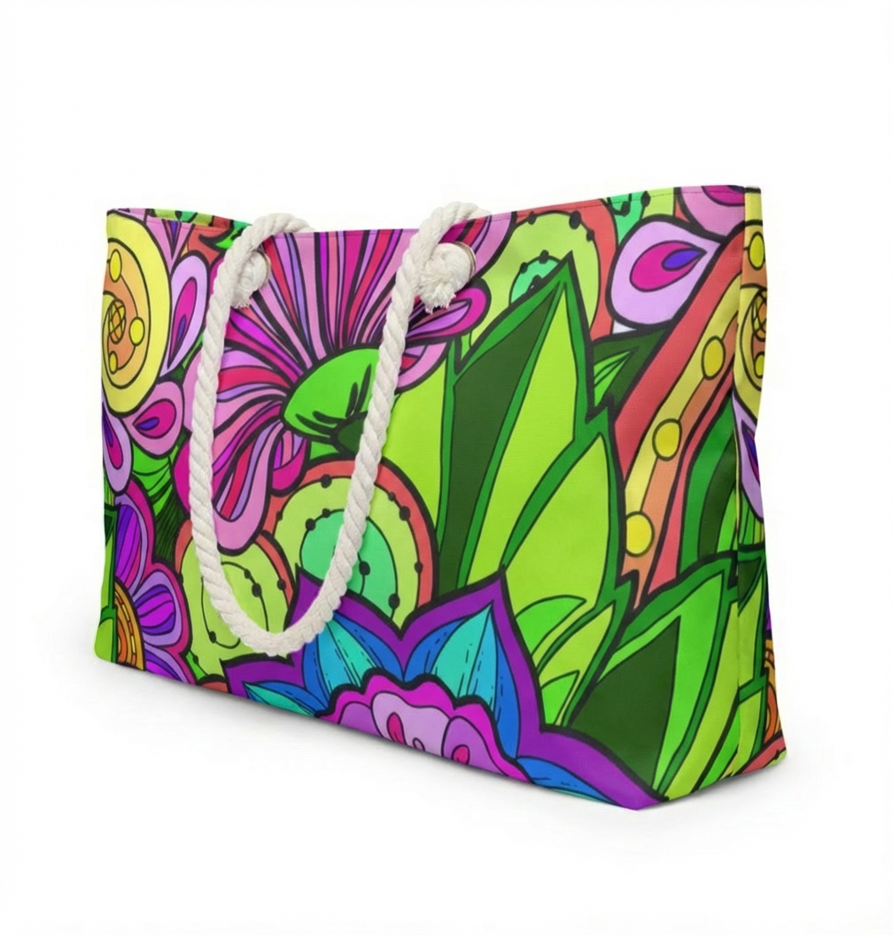 Borsa da viaggio con fantasia floreale nei toni del verde e del rosa lussureggianti