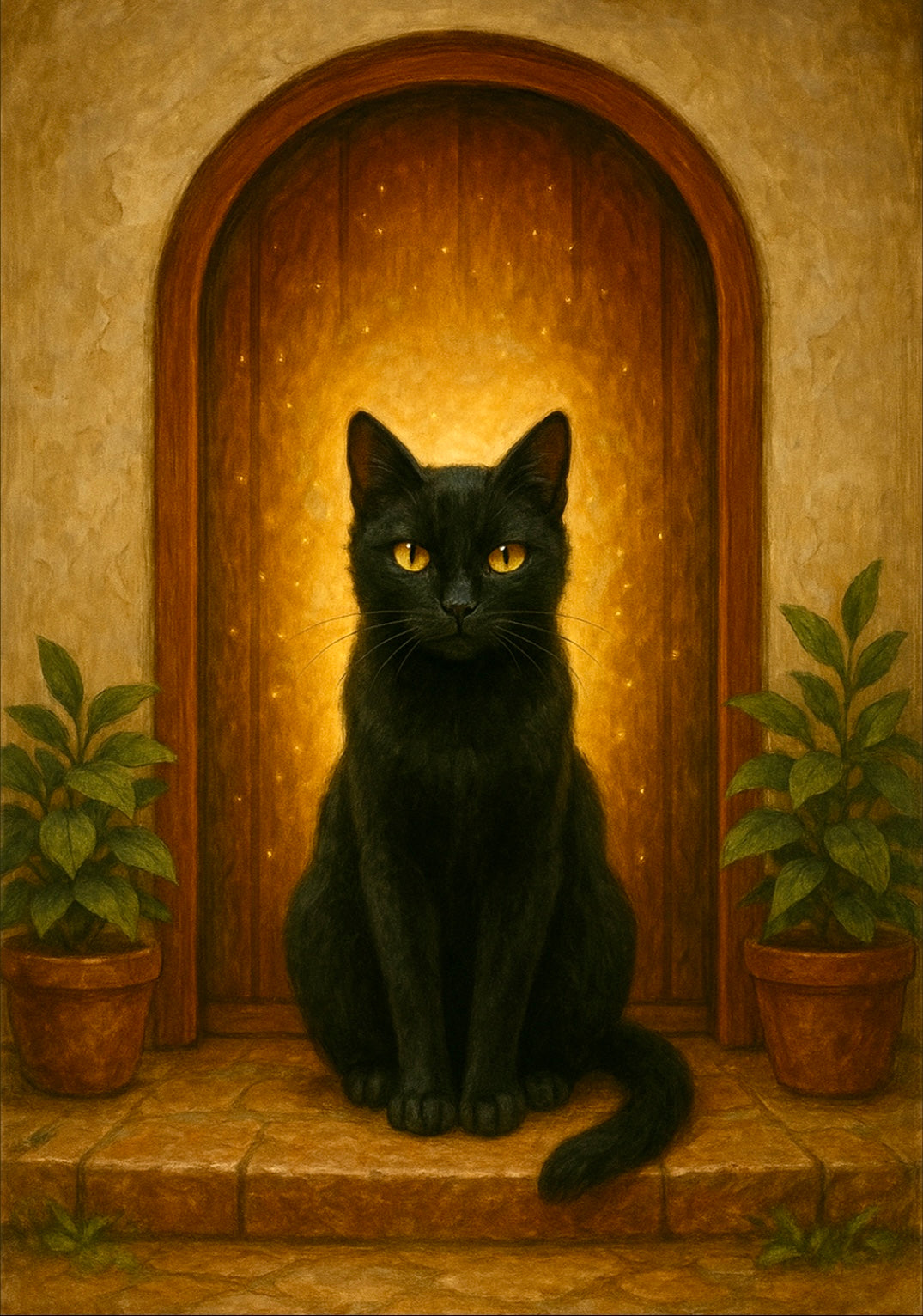 a black cat illustration sitting in front of the door with two plants