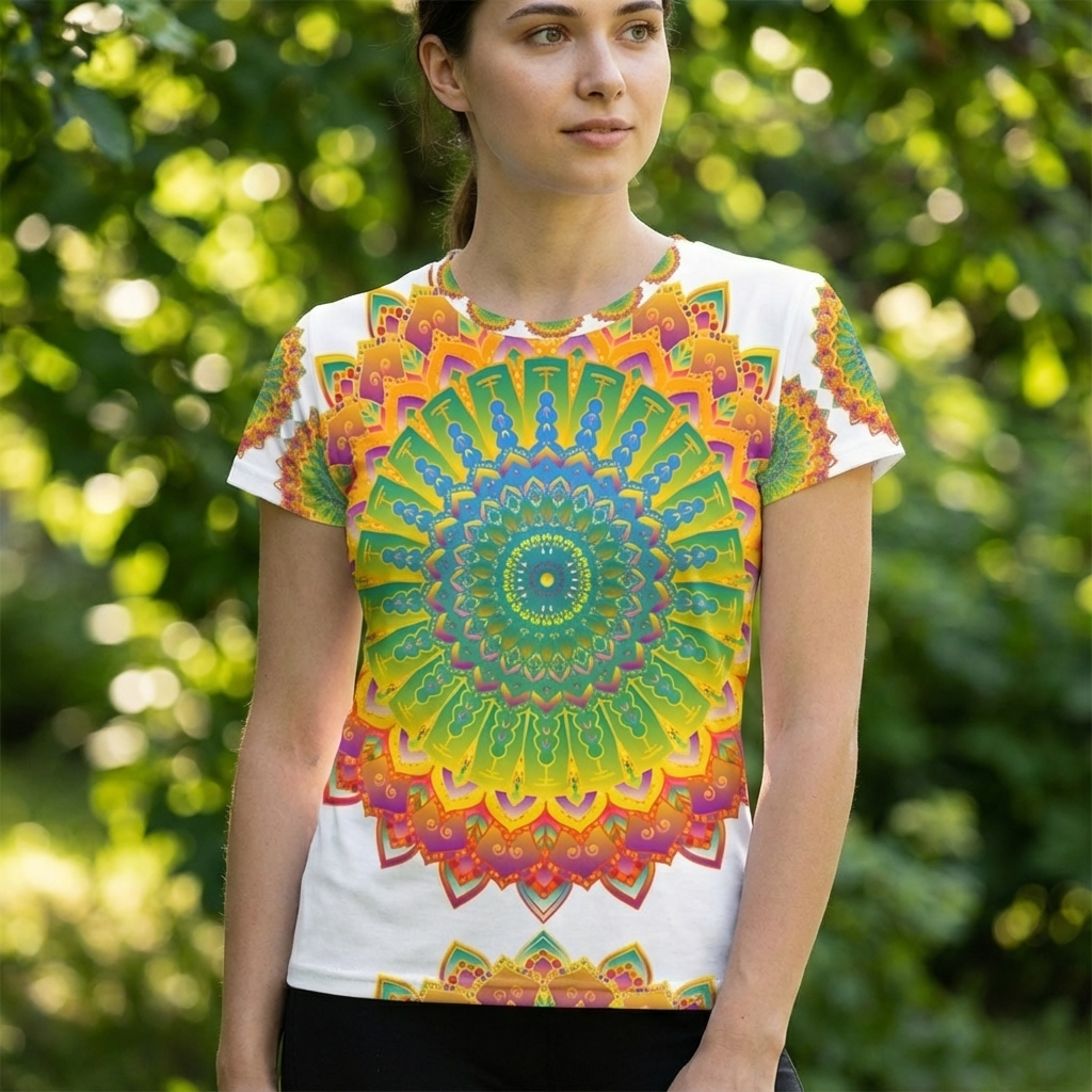 Lifestyle close-up of a colorful mandala t-shirt on a person, showcasing a vibrant rainbow mandala design and soft fabric.