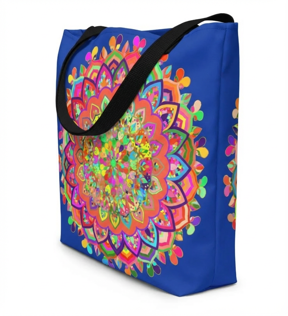 Mandala Art Tote Bag in Deep Blue with Radiant Floral Design