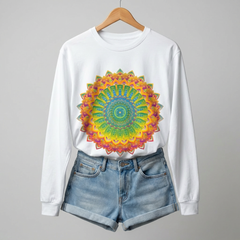 Lifestyle flatlay of a colorful mandala art t-shirt on a wooden hanger with a pair of denim shorts underneath, featuring a vibrant multicolor mandala design