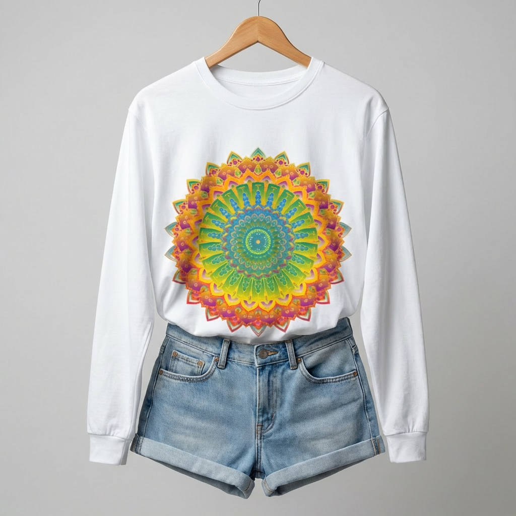 Lifestyle flatlay of a colorful mandala art t-shirt on a wooden hanger with a pair of denim shorts underneath, featuring a vibrant multicolor mandala design