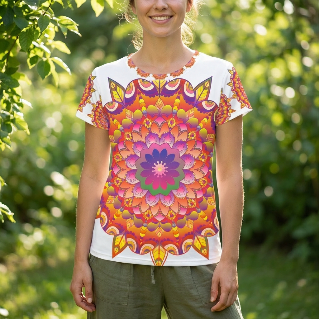 Lifestyle shot of a person wearing a colorful mandala t-shirt in warm sunset hues, all-over print visible, casual outdoor setting