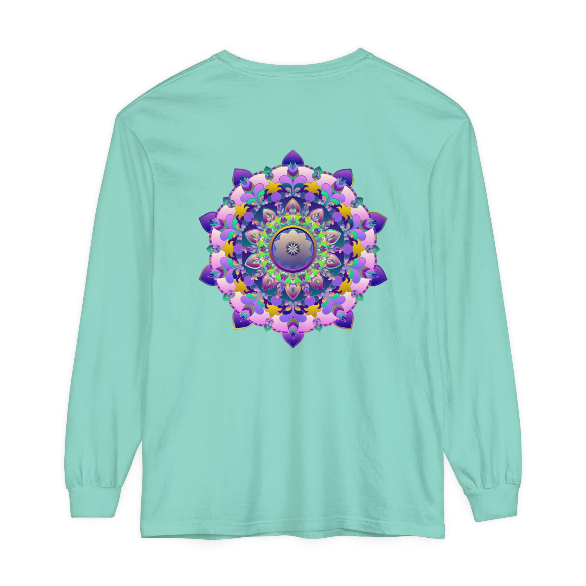 Colorful and intricate mandala design on a unisex long sleeve t-shirt