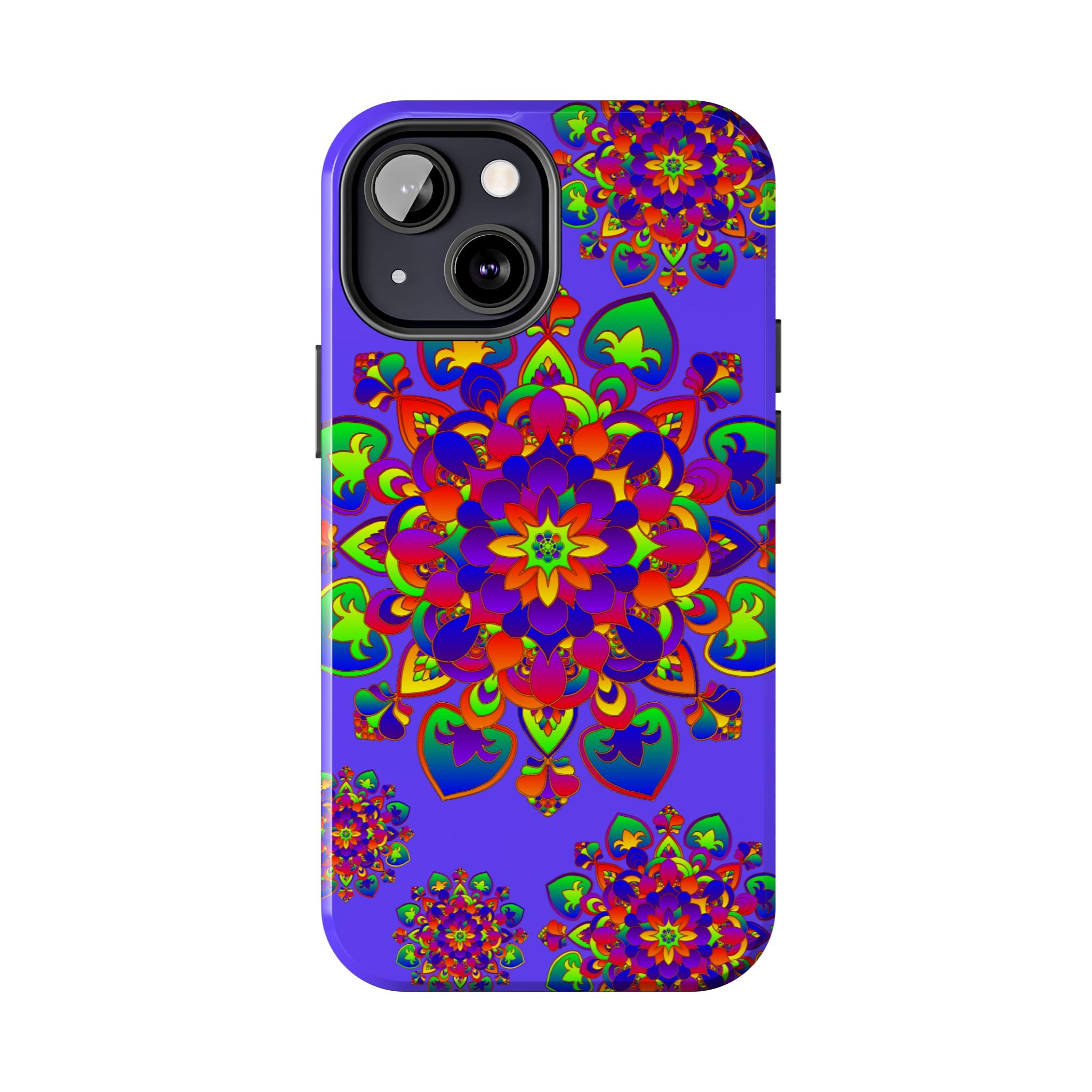 Colorful hand drawn mandala design phone case with vibrant rainbow patterns