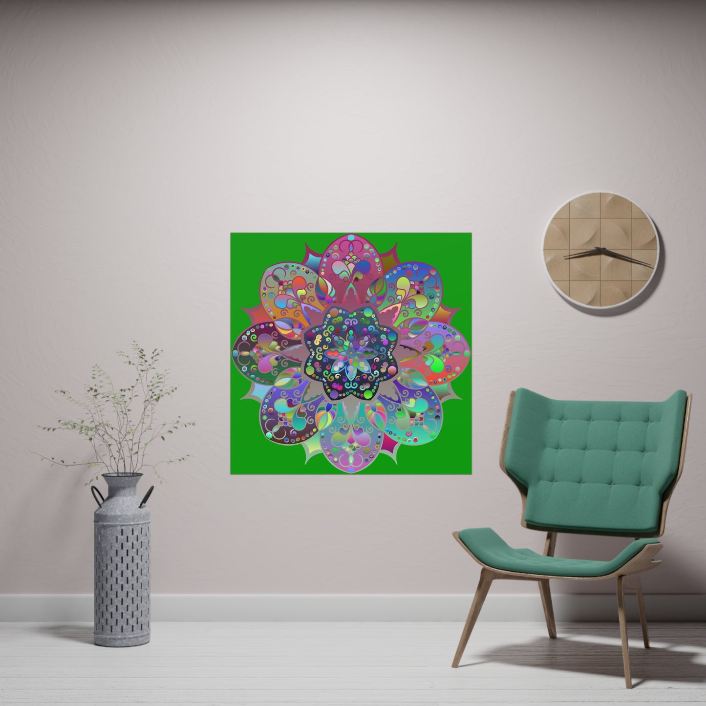 Hand-drawn bright mandala poster with intricate floral patterns on dark green background