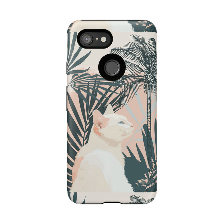 Tropische Katzen-Telefonhülle mit üppigen Palmenmotiven und sanften Pastelltönen