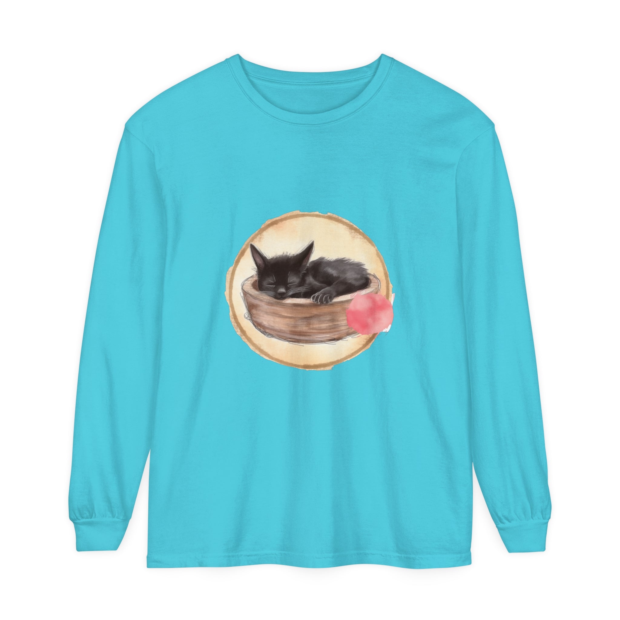 A watercolor illustration of a cute sleeping cat curled up in a bowl on a long sleeve T-shirt