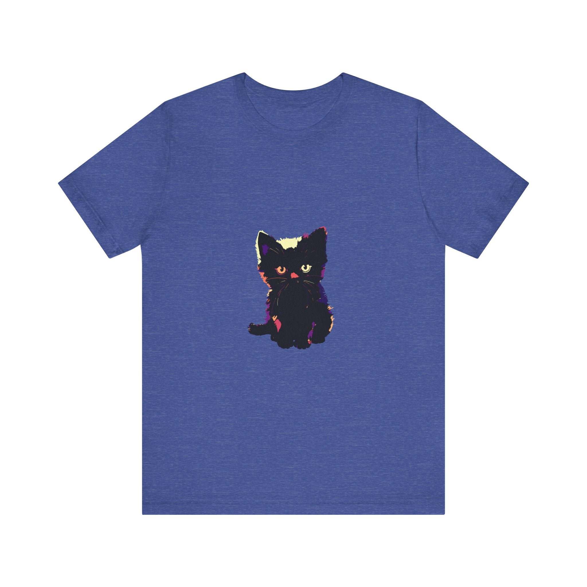 A graphic tee featuring a cute black cat with bright green eyes