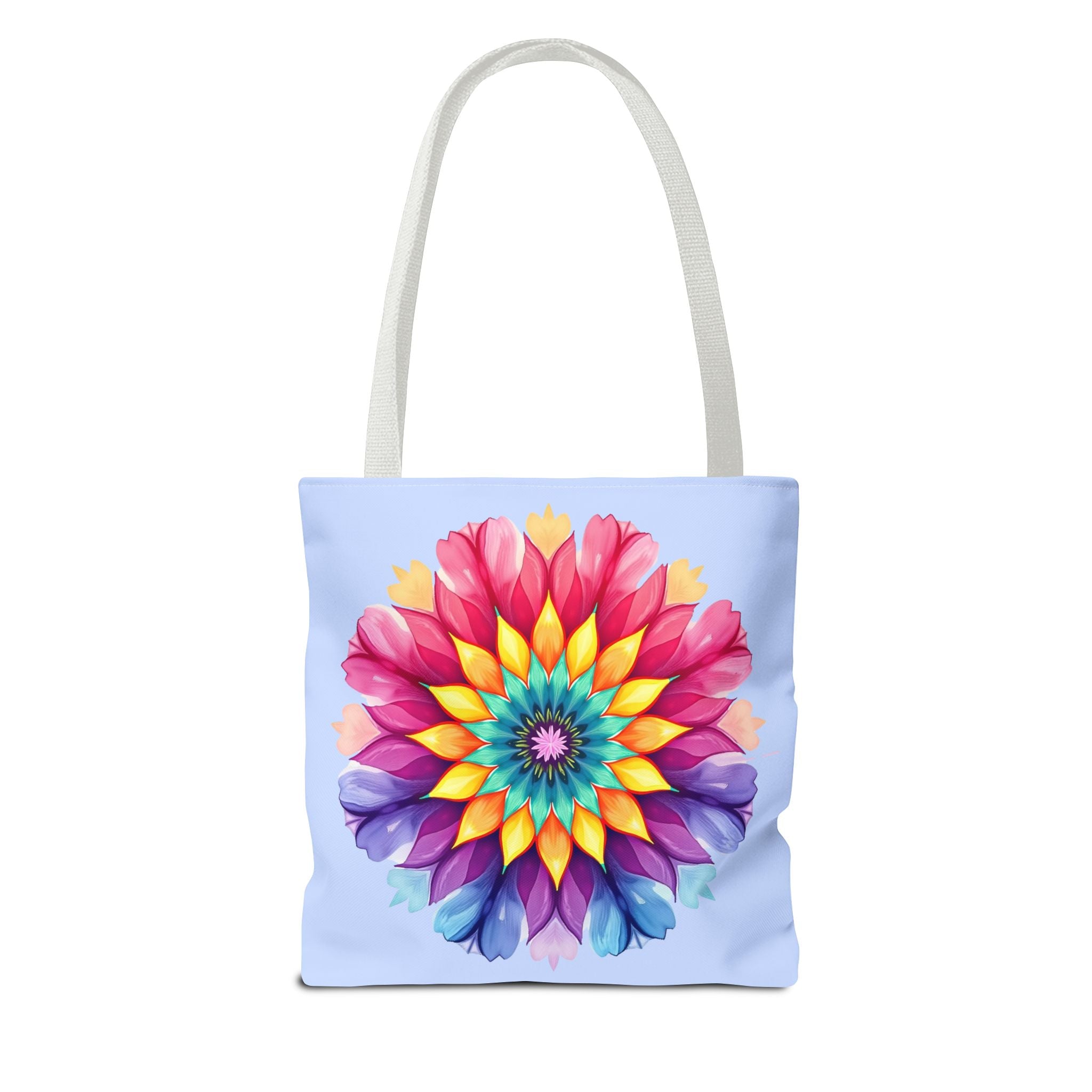 Colorful and intricately designed Rainbow Mandala Tote Bag, perfect for carrying all your essentials in style Great for adding a pop of vibrant color to your outfit