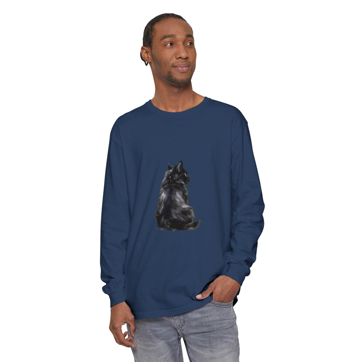 A black long sleeve t-shirt featuring a mystical black cat design