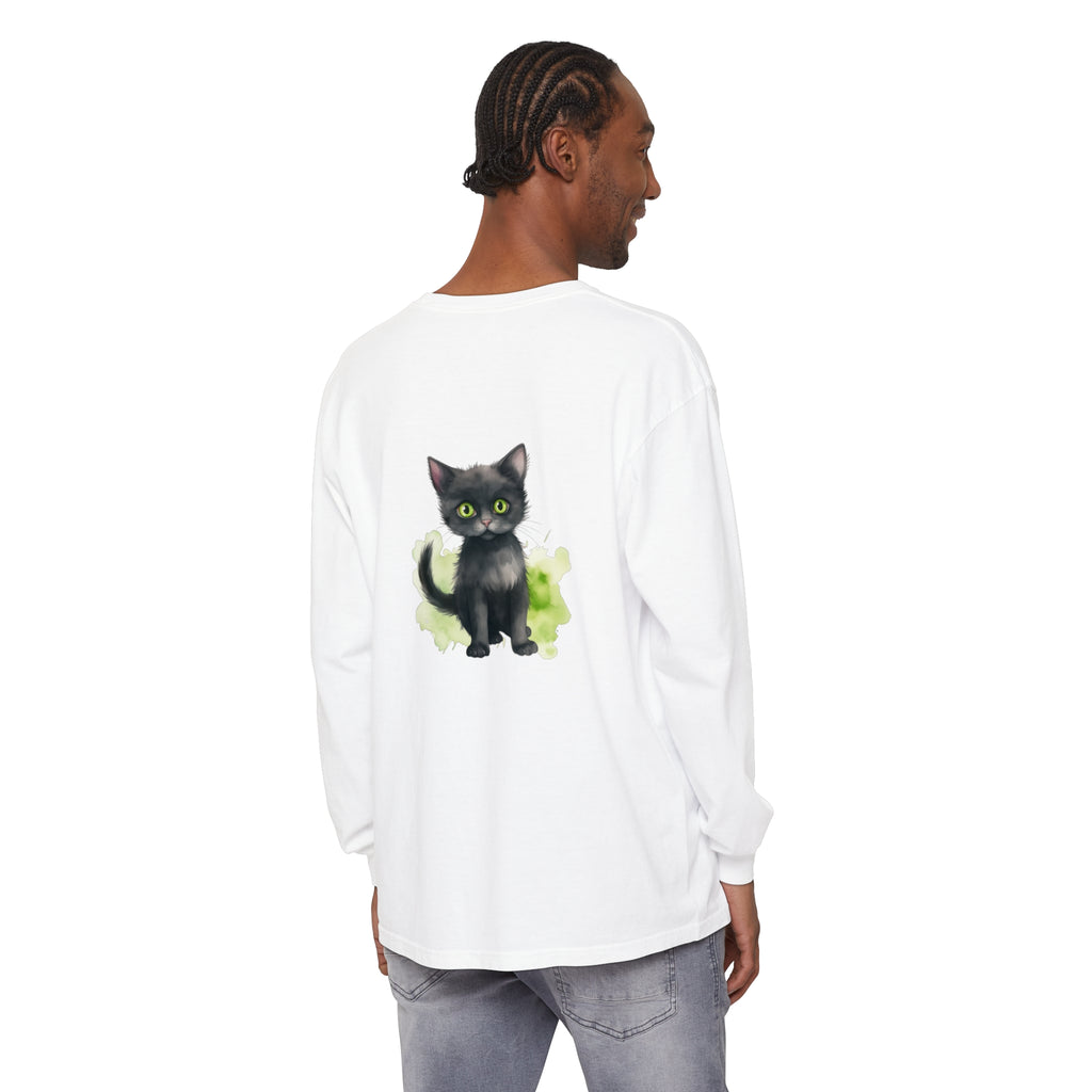 Black Cat Watercolor Long Sleeve T-Shirt, a comfortable and stylish apparel featuring a beautiful watercolor design of a black cat