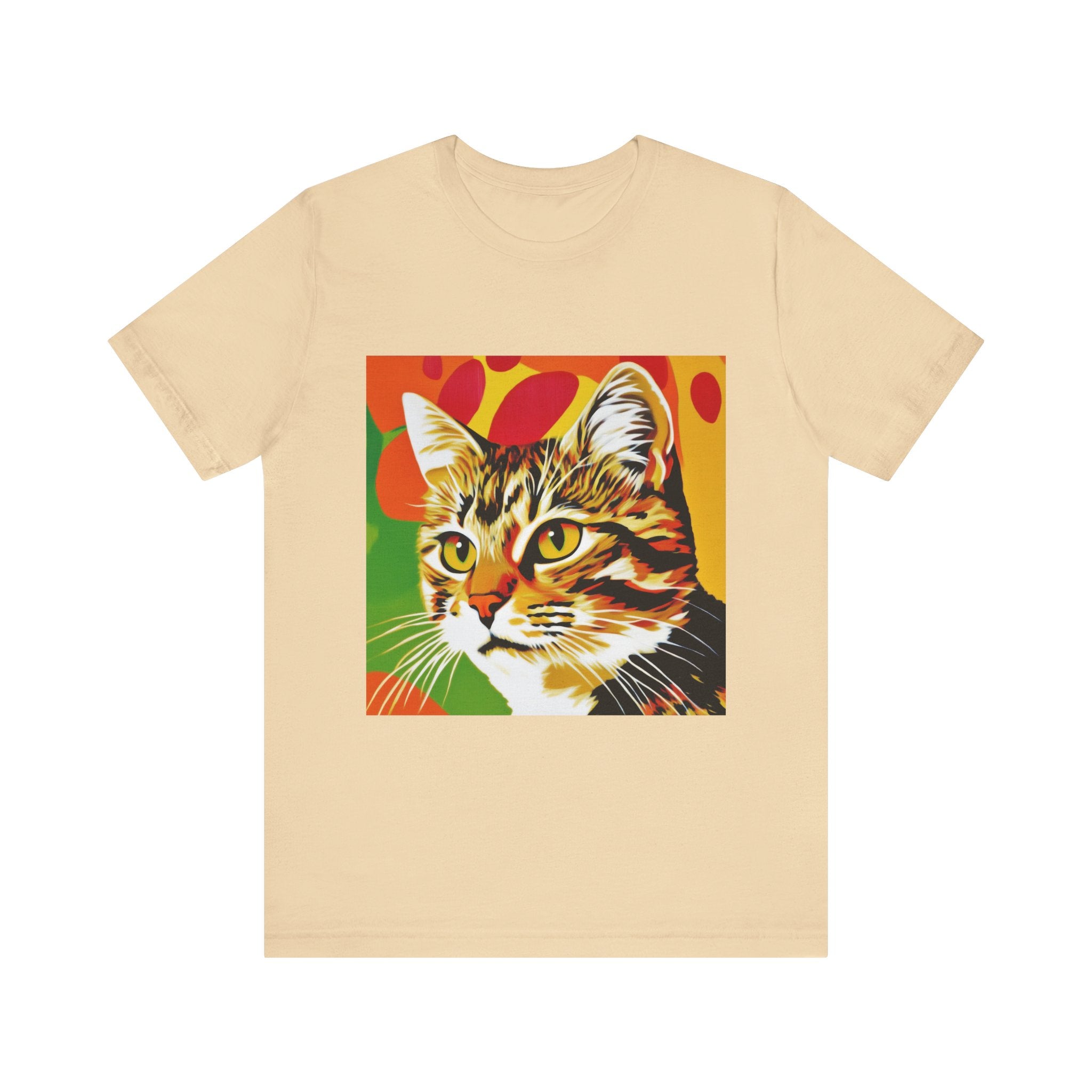 Colorful tabby cat pop art short sleeve tee shirt on white background