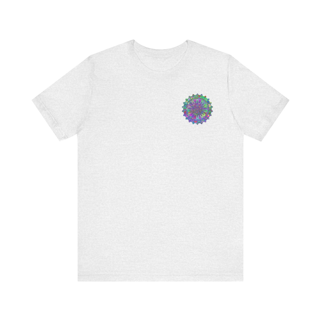 A colorful and intricate mandala design on a t-shirt representing spiritual peace and harmony