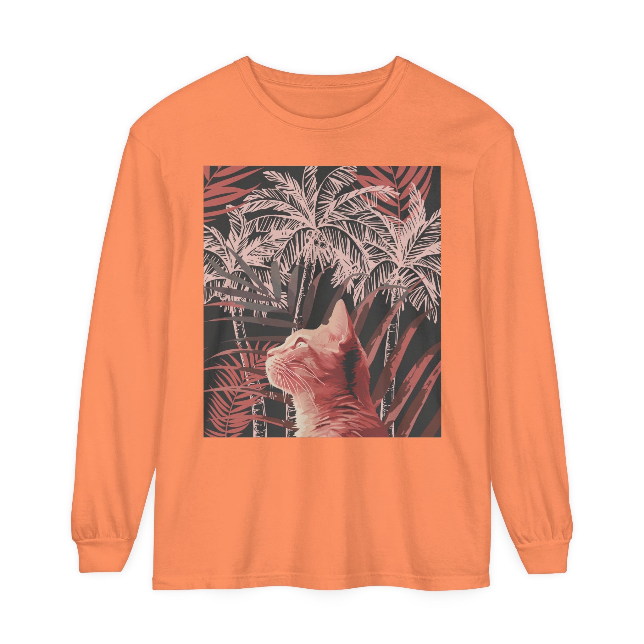 Graphic t-shirt featuring a playful ginger cat lounging under a tropical palm tree