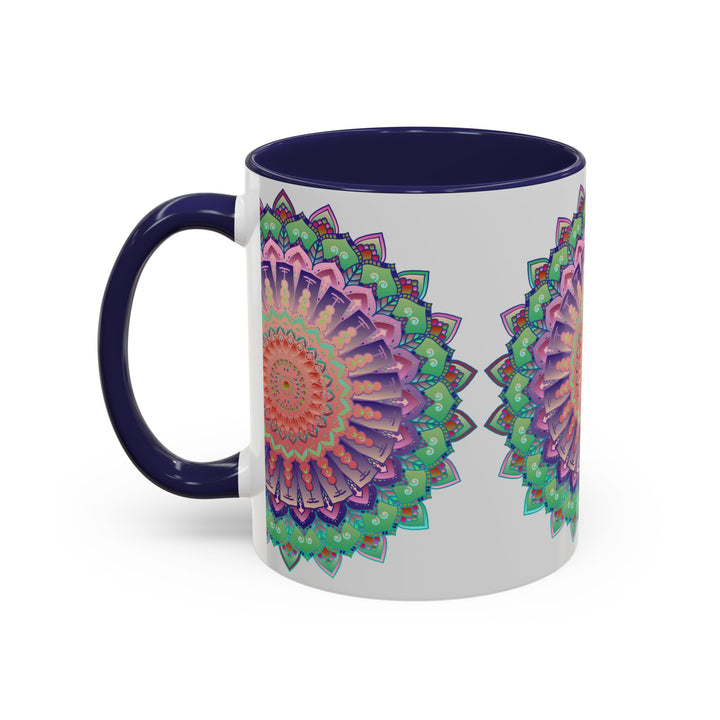 A beautifully handcrafted ceramic mug with a vibrant mandala art design featuring colorful floral patterns and intricate details