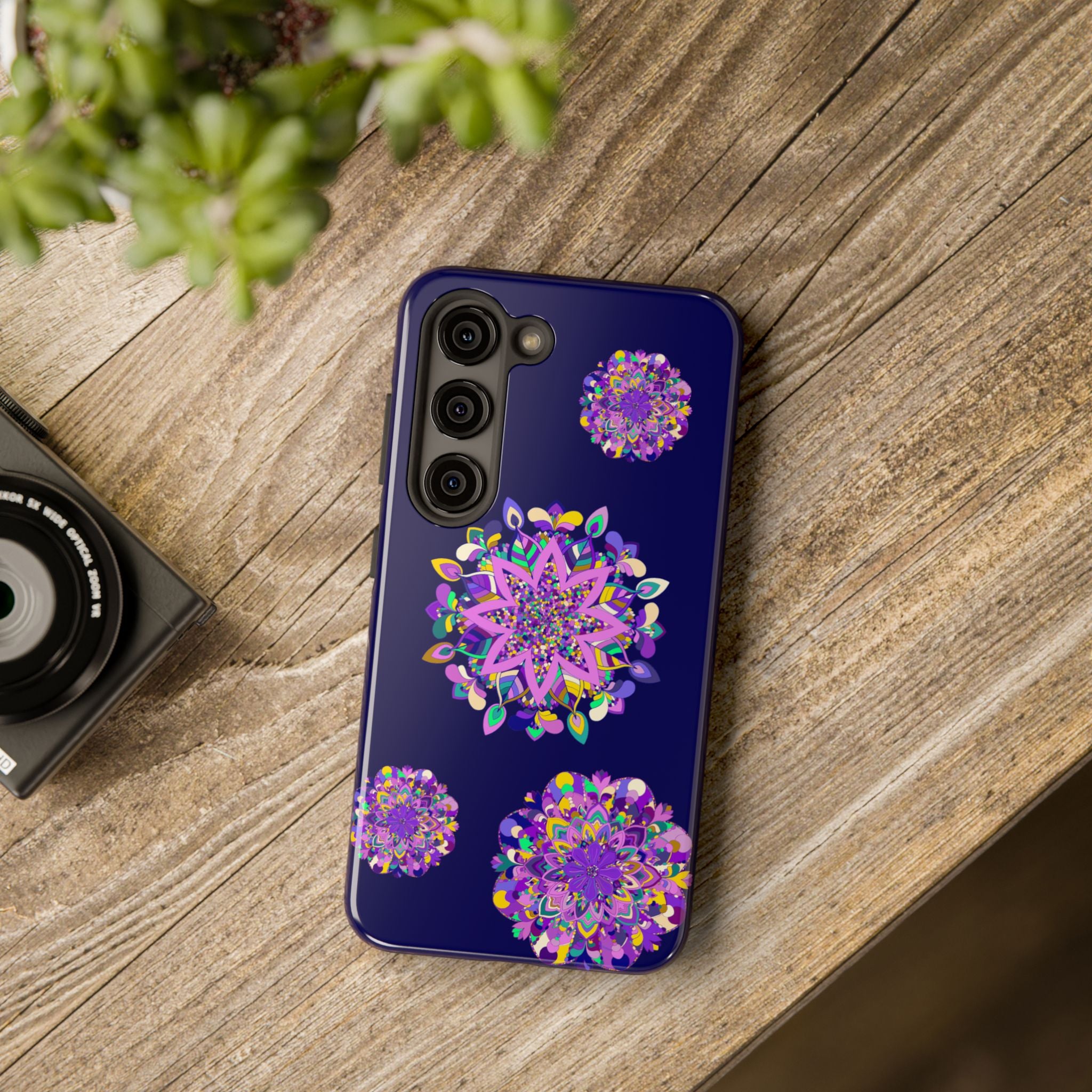 Hand drawn purple mandala art phone case, durable and shock absorbent