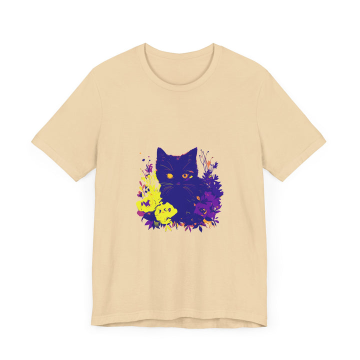 Black Cat Mystery Neon Flower T-Shirt - A stylish and vibrant graphic tee with a mysterious black cat and neon flowers design