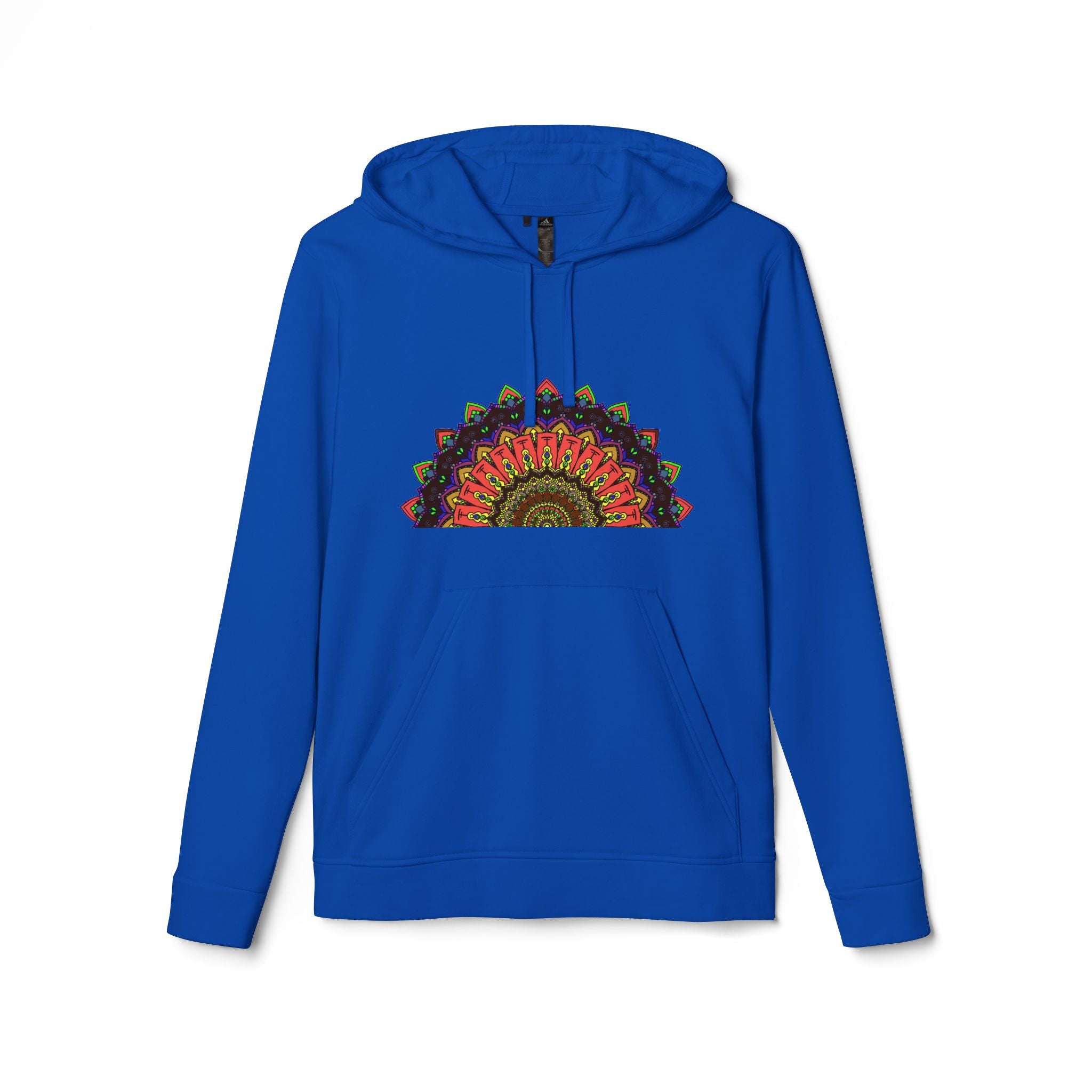 A close-up image of a Blululi Mandala Fleece Hoodie, featuring a custom Adidas logo on the front This cozy hoodie is perfect for casual and athletic wear