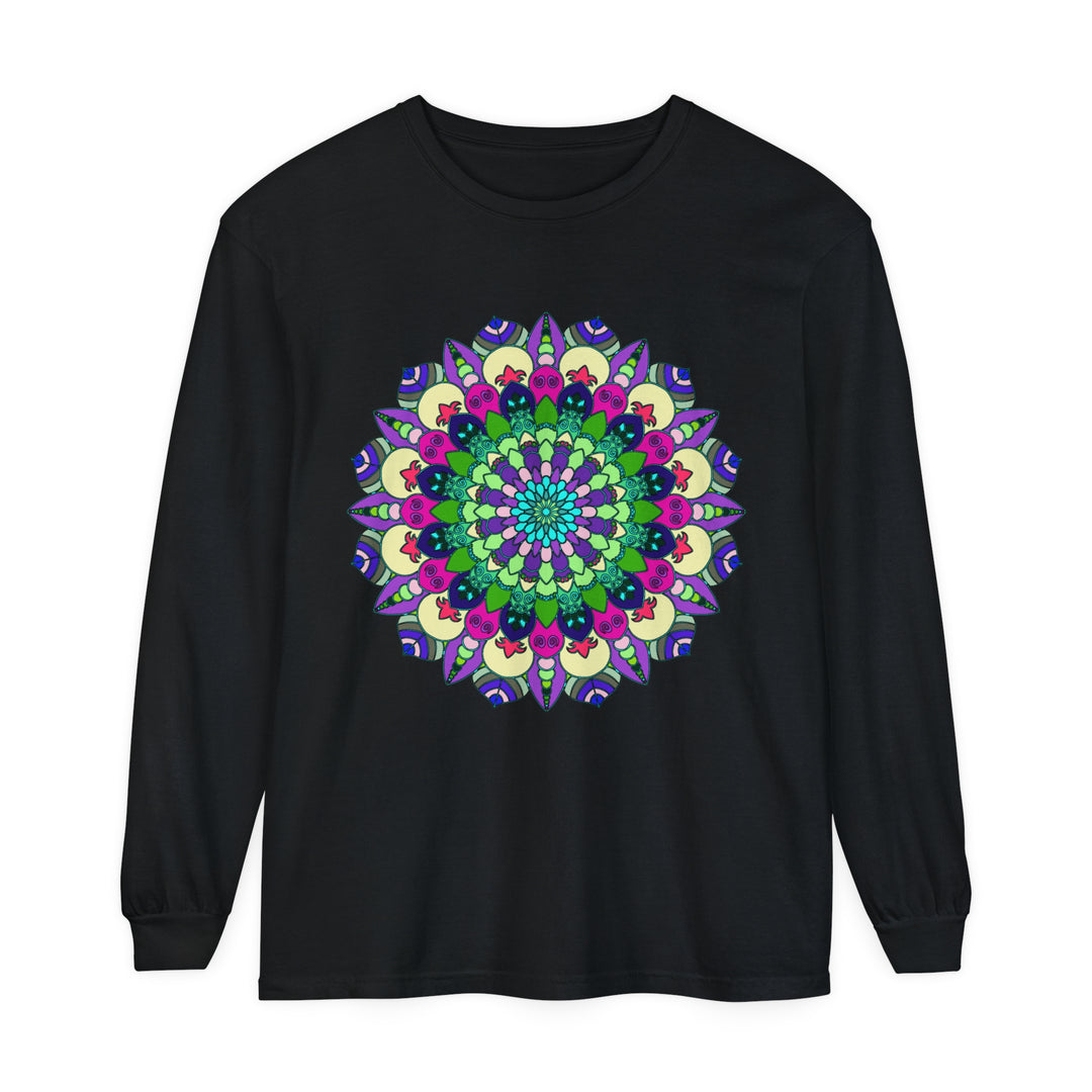 Colorful and intricate mandala design on a long sleeve unisex t-shirt