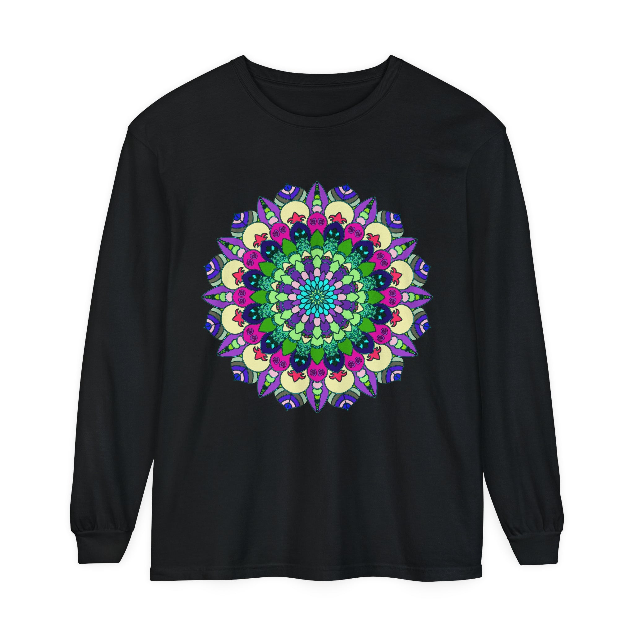 Colorful and intricate mandala design on a long sleeve unisex t-shirt